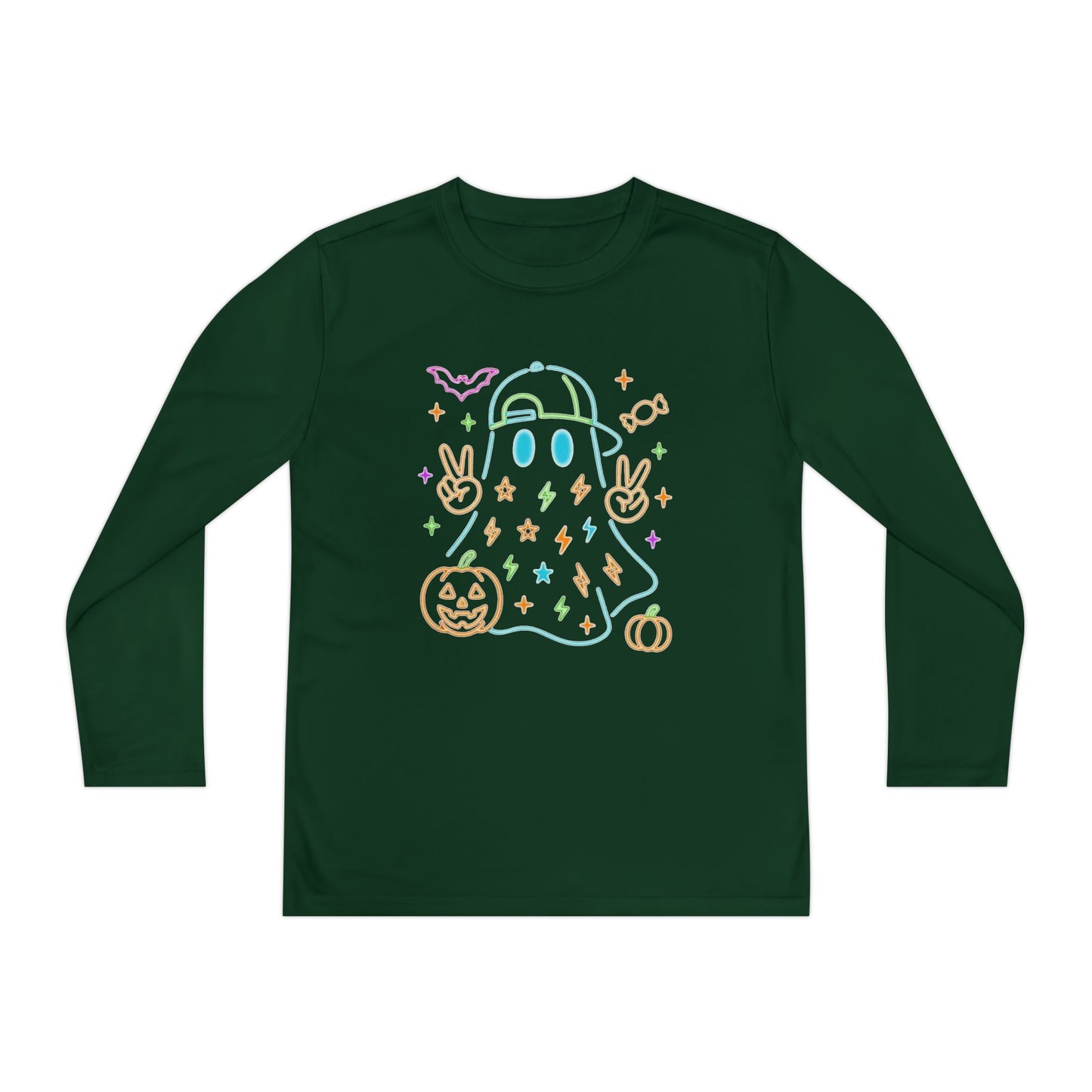 Youth Long Sleeve Ghost Tee, Halloween Shirt, Pumpkin Design, Cute Apparel, Kids' Holiday Wear, Spooky Fun Top