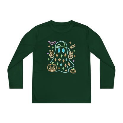 Youth Long Sleeve Ghost Tee, Halloween Shirt, Pumpkin Design, Cute Apparel, Kids' Holiday Wear, Spooky Fun Top