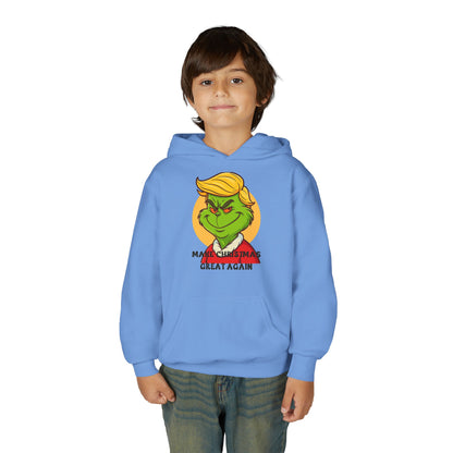 Youth Hoodie — Grinch Face Holiday Sweatshirt with 'Make Christmas Great Again' Text