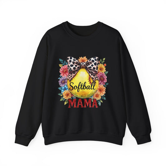 Softball Mama Crewneck Sweatshirt — Floral Softball Design with Leopard Bow