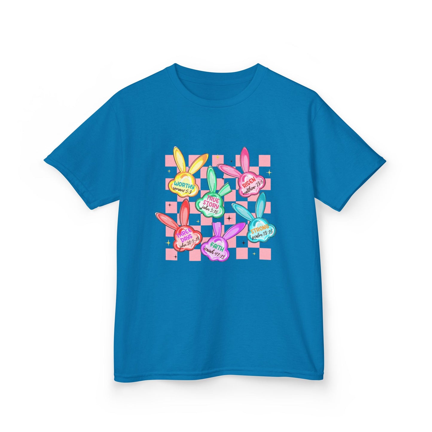 Kids Tee — Colorful Pastel Bunny Badges “Hug Me” Graphic