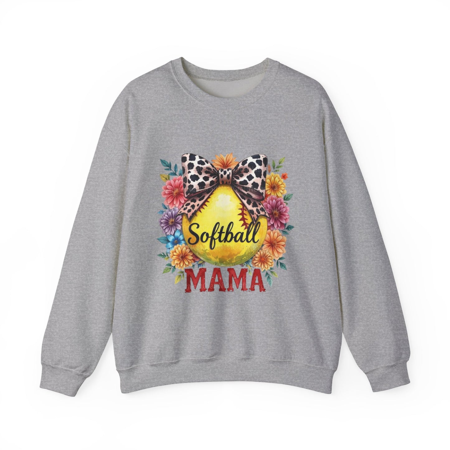 Softball Mama Crewneck Sweatshirt — Floral Softball Design with Leopard Bow