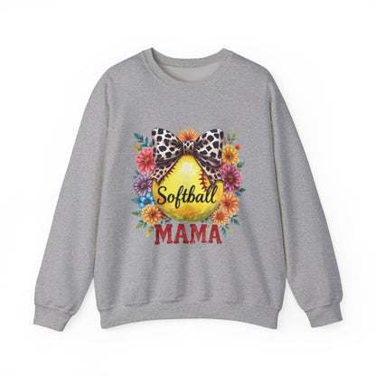 Softball Mama Crewneck Sweatshirt — Floral Softball Design with Leopard Bow