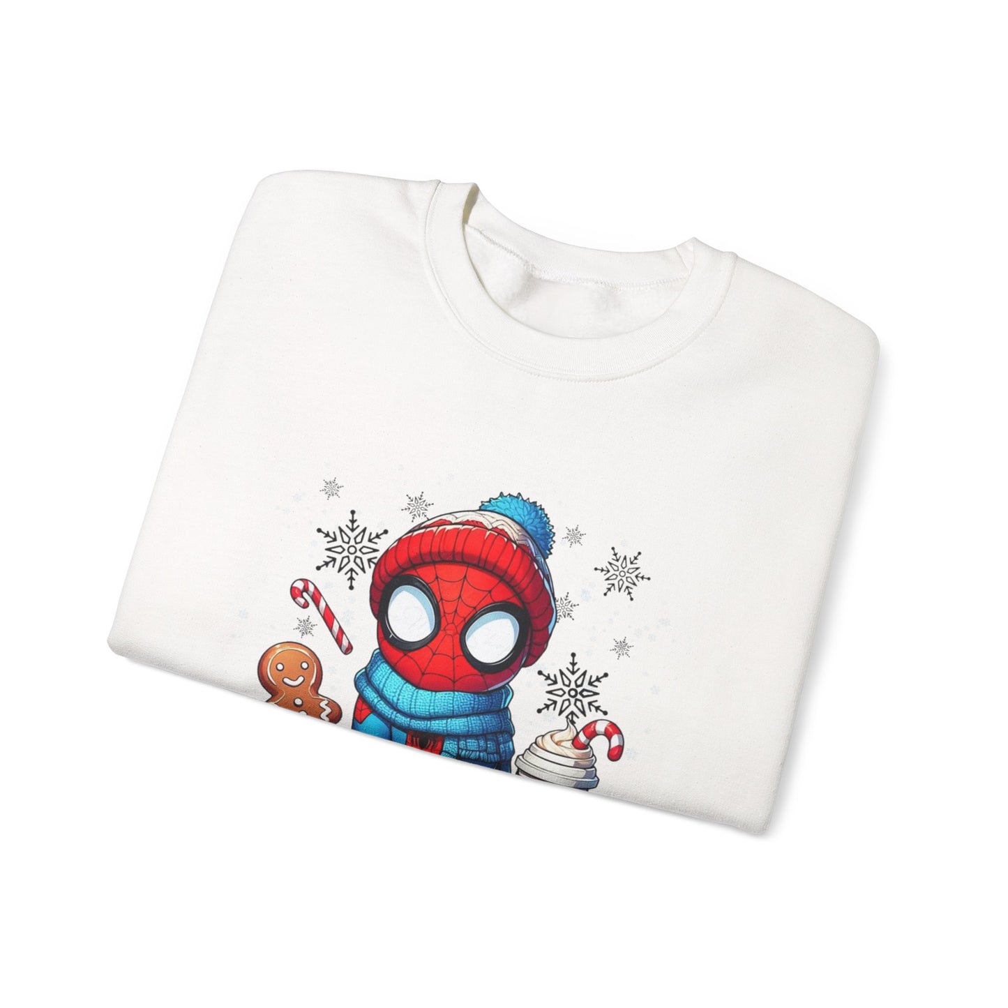 Holiday Spider Crewneck Sweatshirt — Cute Spidey in Winter Hat with Gingerbread & Cocoa