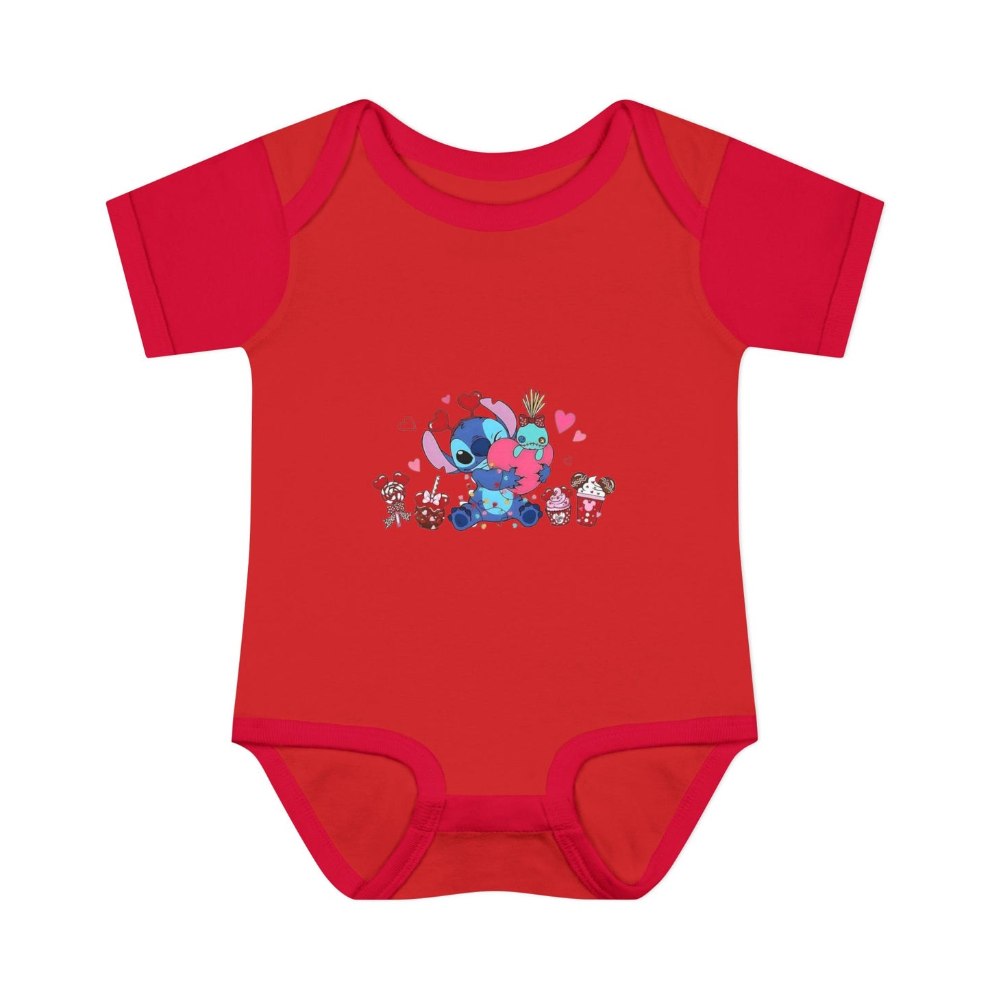 Stitch Valentine Baby Bodysuit — Cute Disney-Inspired Infant Onesie with Hearts & Treats