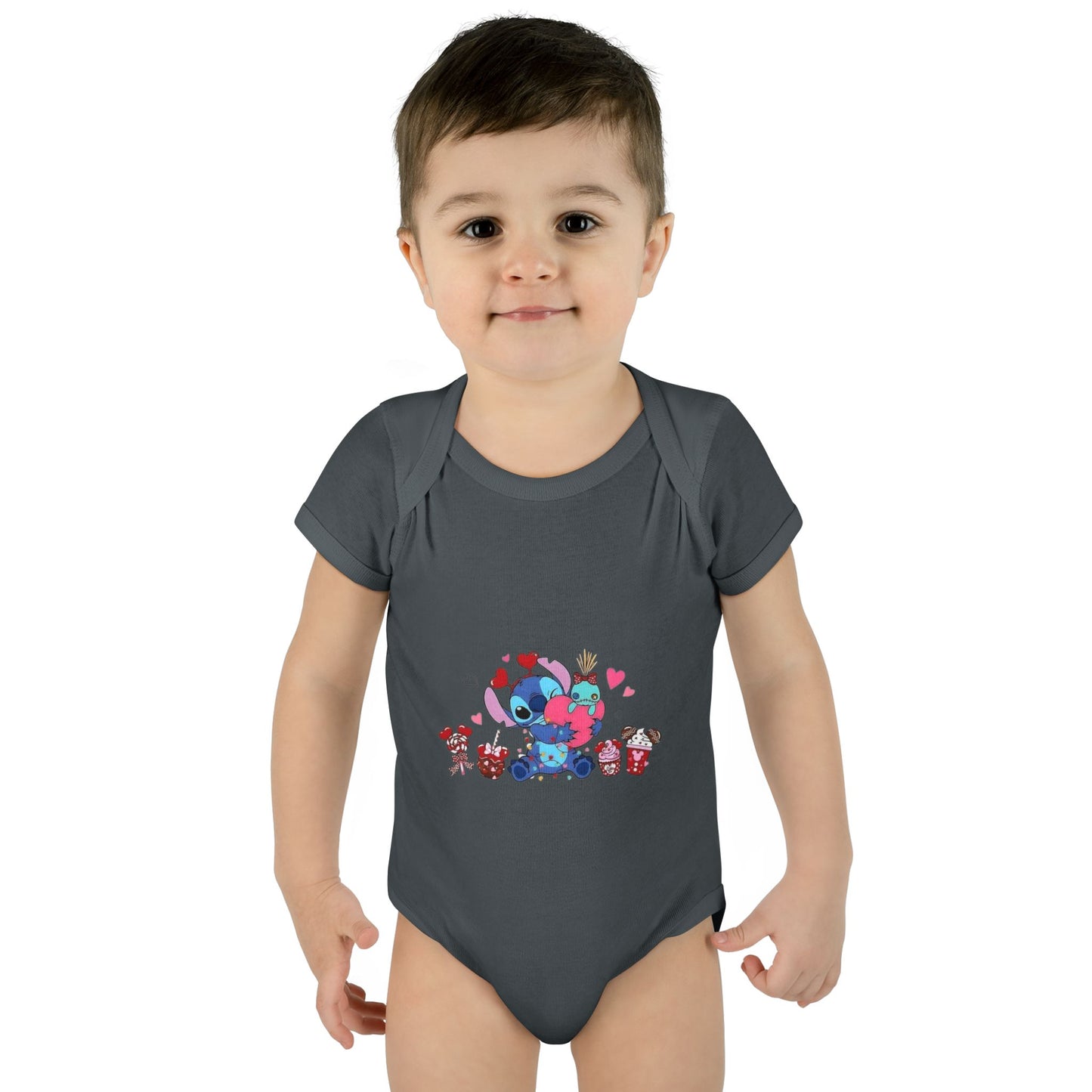 Stitch Valentine Baby Bodysuit — Cute Disney-Inspired Infant Onesie with Hearts & Treats