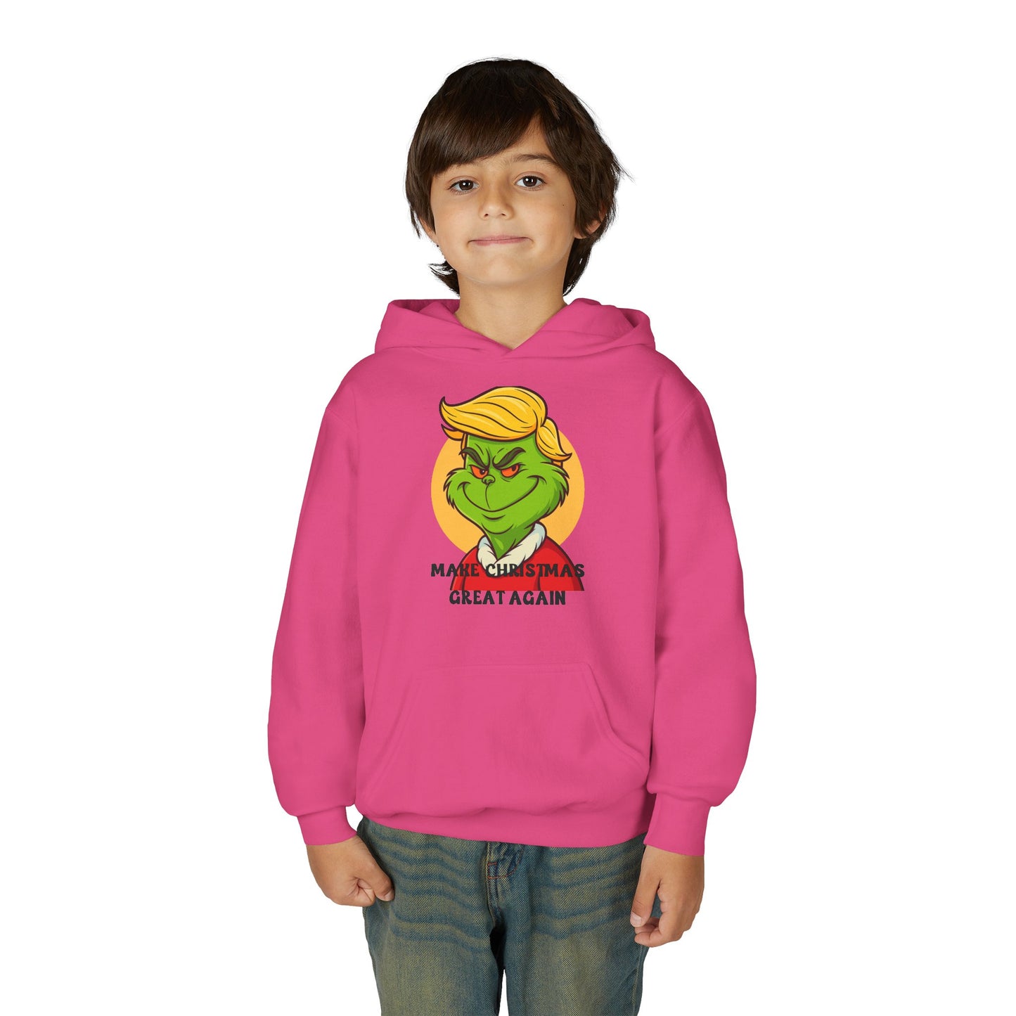 Youth Hoodie — Grinch Face Holiday Sweatshirt with 'Make Christmas Great Again' Text