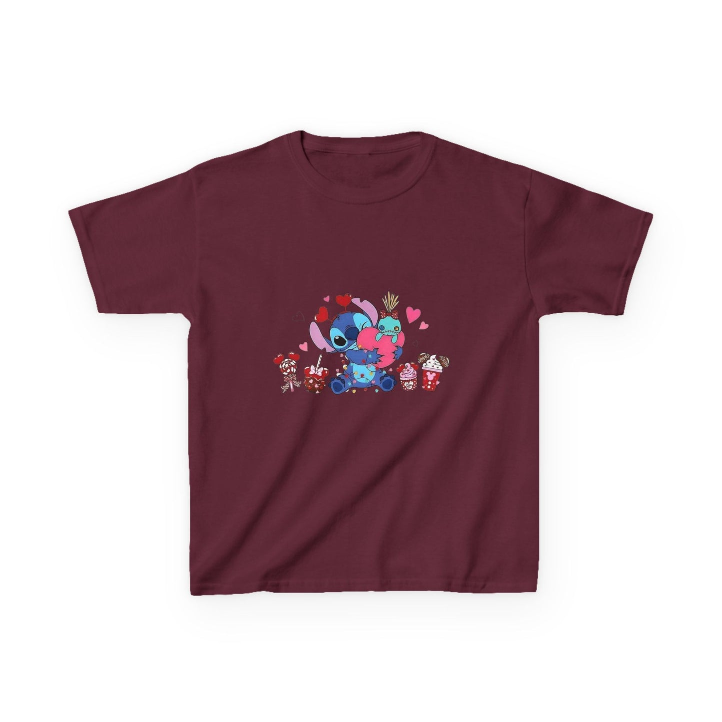 Stitch- Kids Valentine Alien Tee — Cute Blue Alien Hugging Pink Heart Plushie