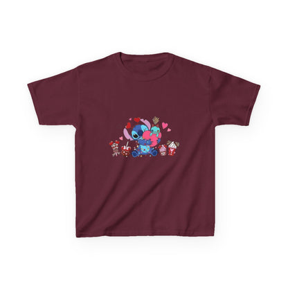 Stitch- Kids Valentine Alien Tee — Cute Blue Alien Hugging Pink Heart Plushie