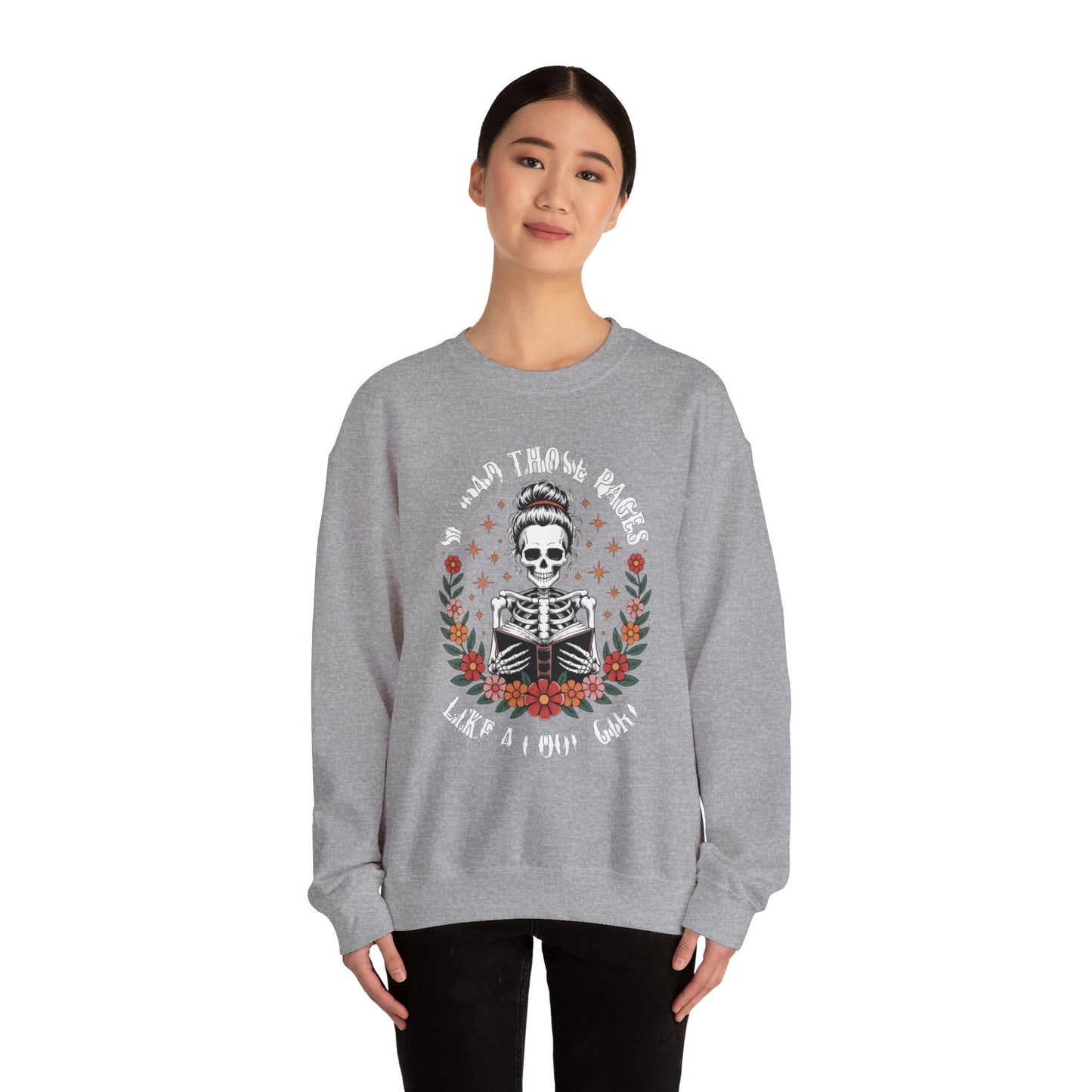 Skeleton Reading Sweatshirt — "And Then There Were None" Floral Gothic Crewneck