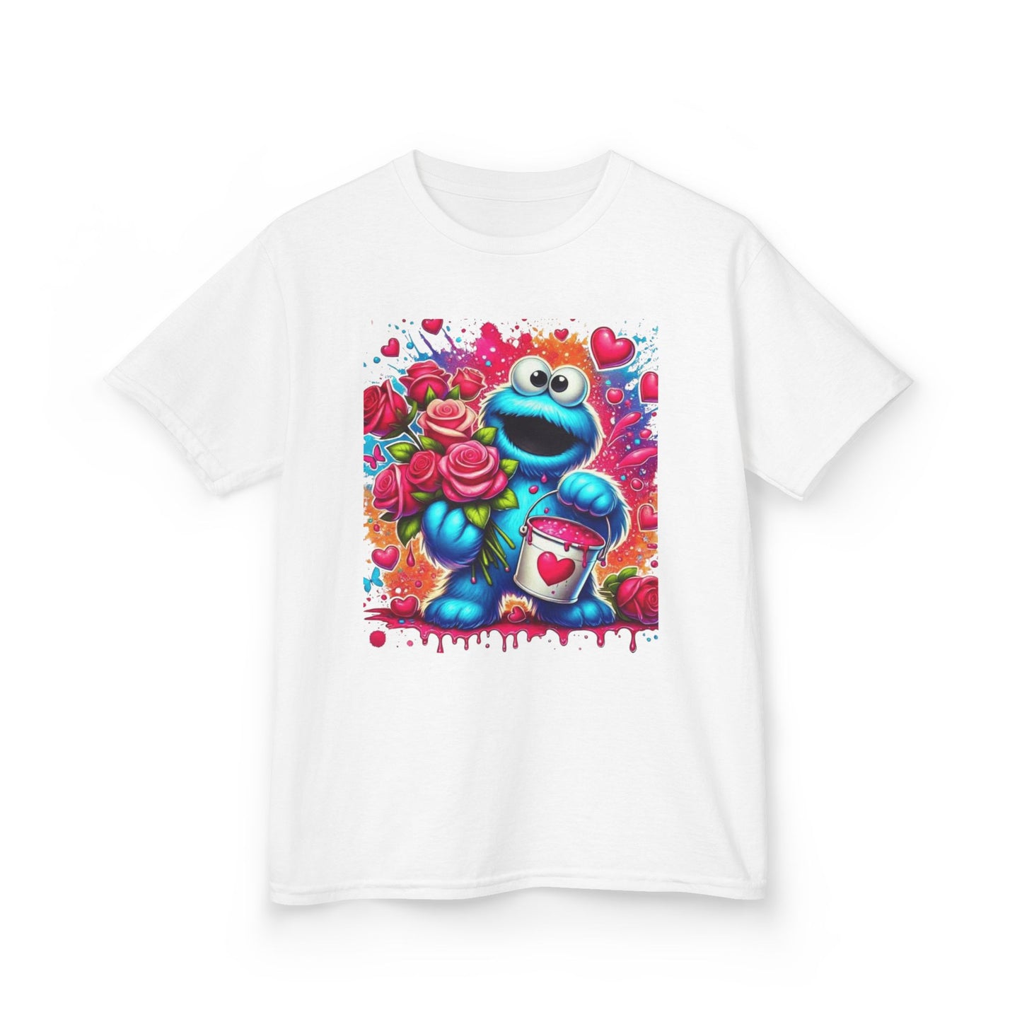 Valentine Blue Monster Kids Tee — Cute Fluffy Monster with Roses & Heart Paint