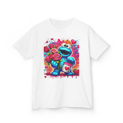 Valentine Blue Monster Kids Tee — Cute Fluffy Monster with Roses & Heart Paint