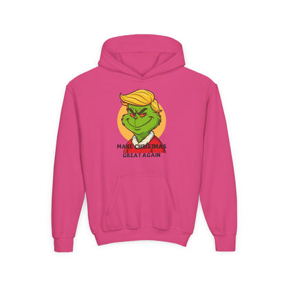 Youth Hoodie — Grinch Face Holiday Sweatshirt with 'Make Christmas Great Again' Text