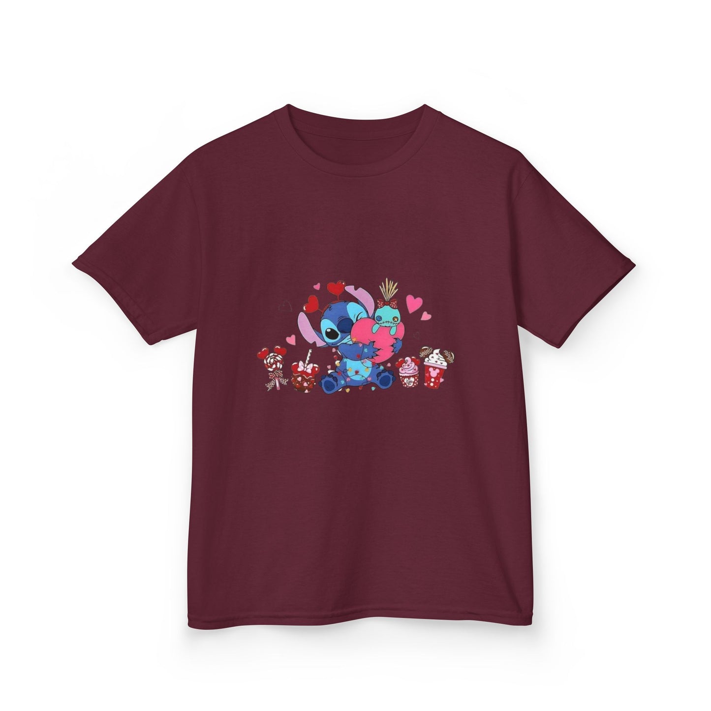 Stitch- Kids Valentine Alien Tee — Cute Blue Alien Hugging Pink Heart Plushie