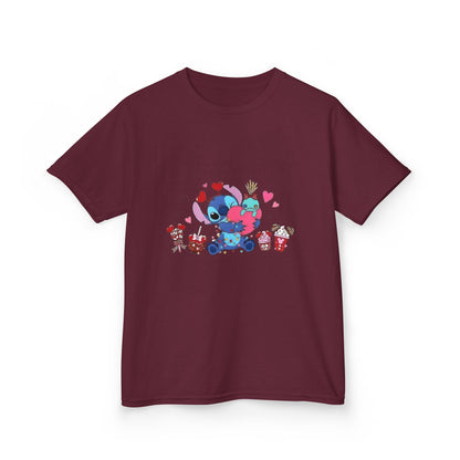 Stitch- Kids Valentine Alien Tee — Cute Blue Alien Hugging Pink Heart Plushie