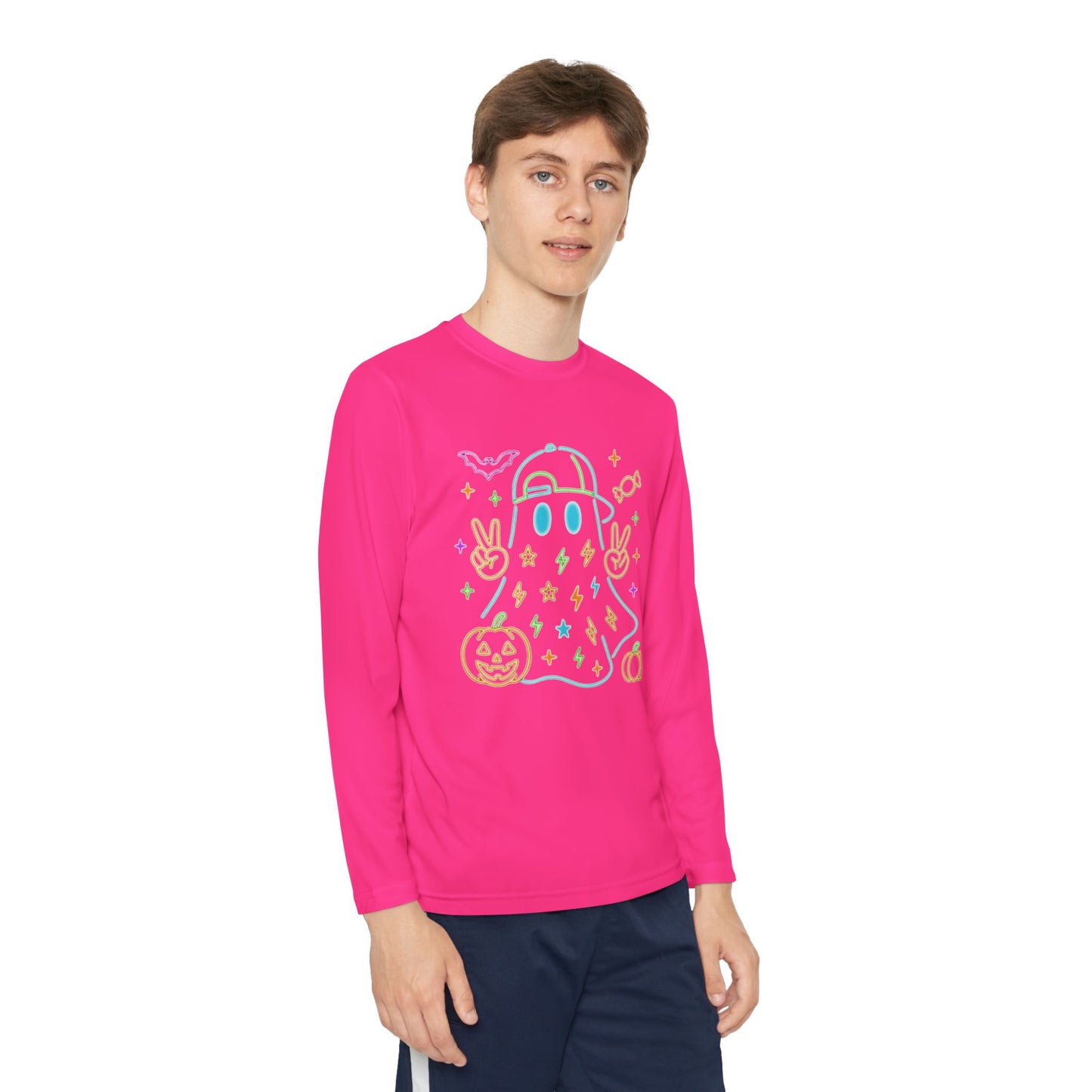 Youth Long Sleeve Ghost Tee, Halloween Shirt, Pumpkin Design, Cute Apparel, Kids' Holiday Wear, Spooky Fun Top