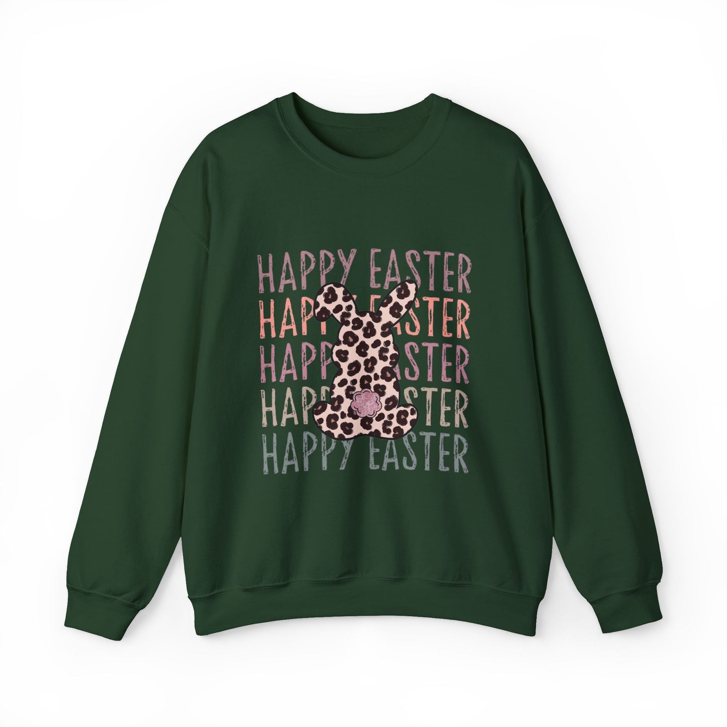 Easter Leopard Bunny Sweatshirt — "Happy Easter" Pastel Graphic Crewneck