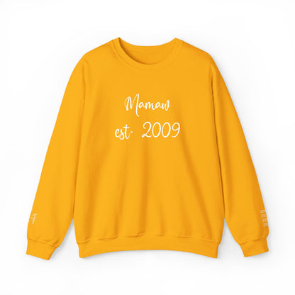 Mamaw est. 2009- Grandkids on Wrist - Crewneck Sweatshirt — Personalized Grandma Gift