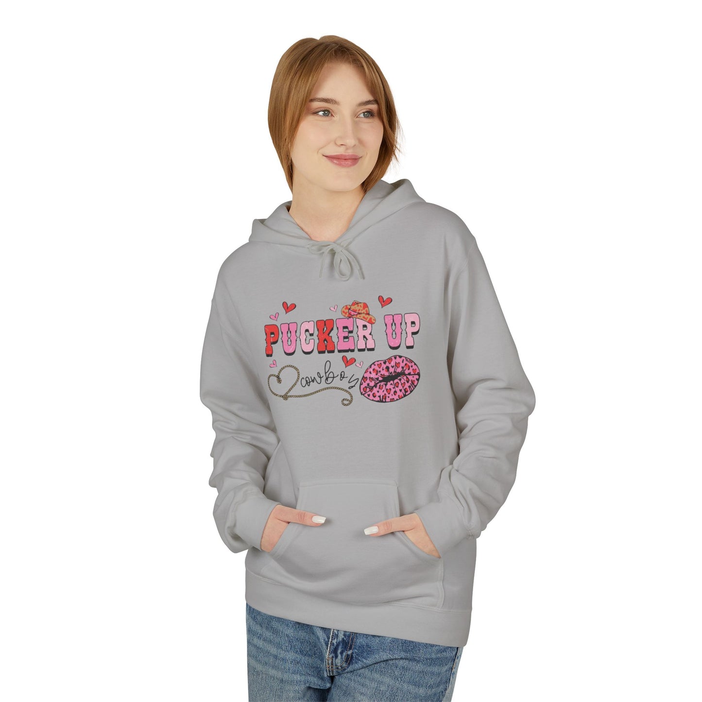 Pucker Up Hoodie — Pink Lip Print Valentine’s Graphic Sweatshirt