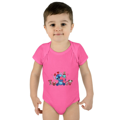 Stitch Valentine Baby Bodysuit — Cute Disney-Inspired Infant Onesie with Hearts & Treats