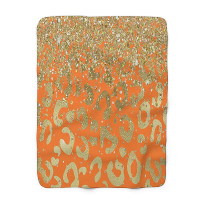 Gold Glitter Leopard Sherpa Blanket — Orange Animal Print Cozy Throw