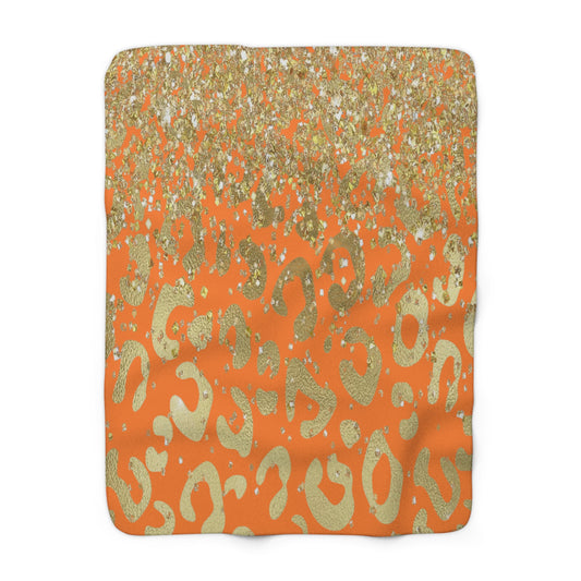 Gold Glitter Leopard Sherpa Blanket — Orange Animal Print Cozy Throw