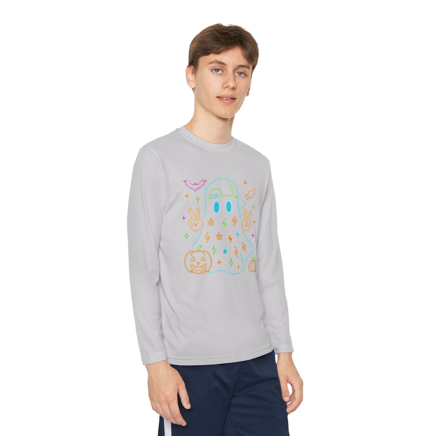 Youth Long Sleeve Ghost Tee, Halloween Shirt, Pumpkin Design, Cute Apparel, Kids' Holiday Wear, Spooky Fun Top
