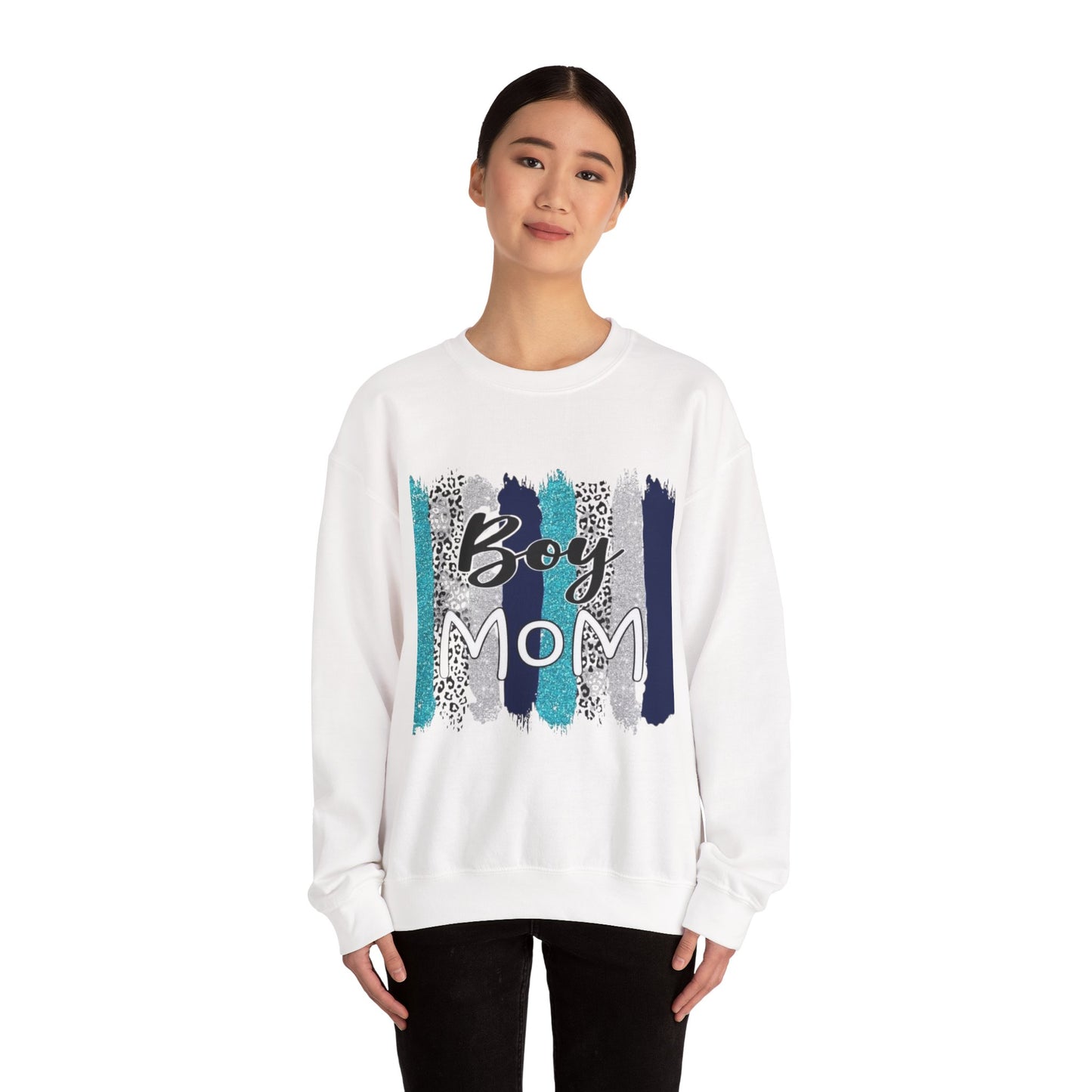 Boy Mom Sweatshirt — Cute Teal & Navy Brushstroke Crewneck for Moms