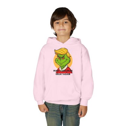 Youth Hoodie — Grinch Face Holiday Sweatshirt with 'Make Christmas Great Again' Text