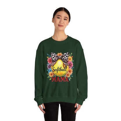 Softball Mama Crewneck Sweatshirt — Floral Softball Design with Leopard Bow