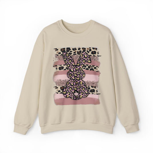 Leopard Print Bunny Crewneck Sweatshirt — Pink Striped Animal Easter Pullover