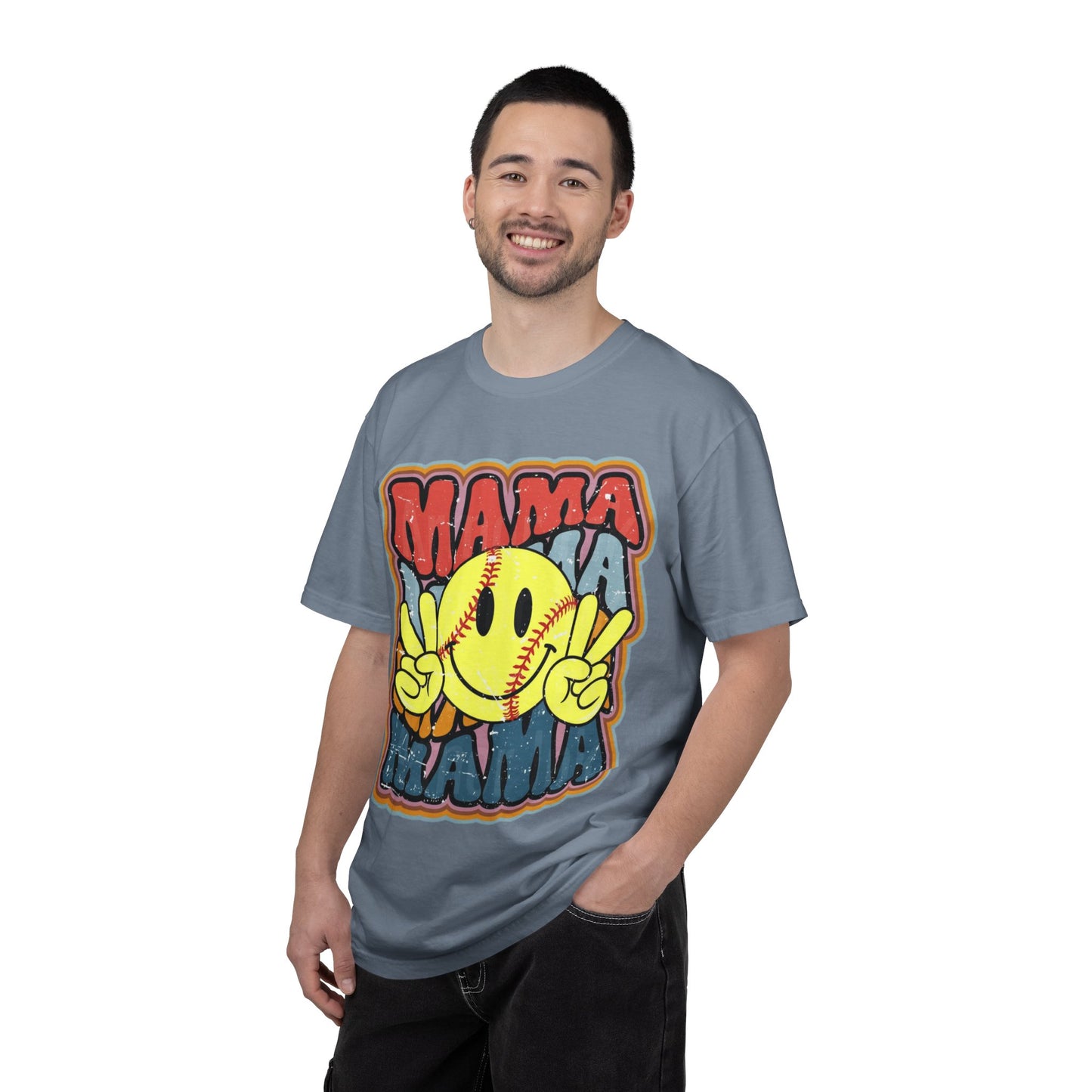 Mama Softball Smile T-Shirt — Retro Peace Sign Softball Mom Tee
