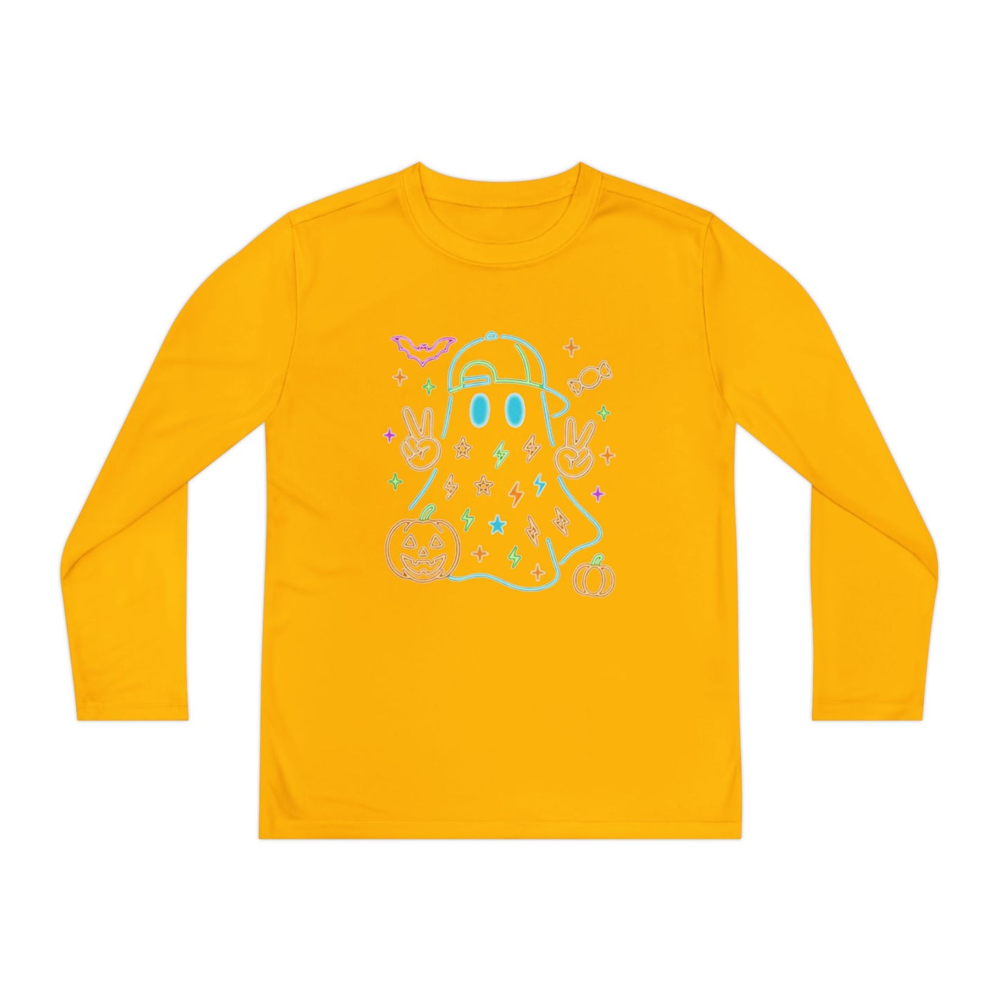 Youth Long Sleeve Ghost Tee, Halloween Shirt, Pumpkin Design, Cute Apparel, Kids' Holiday Wear, Spooky Fun Top