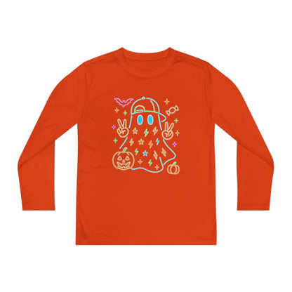 Youth Long Sleeve Ghost Tee, Halloween Shirt, Pumpkin Design, Cute Apparel, Kids' Holiday Wear, Spooky Fun Top
