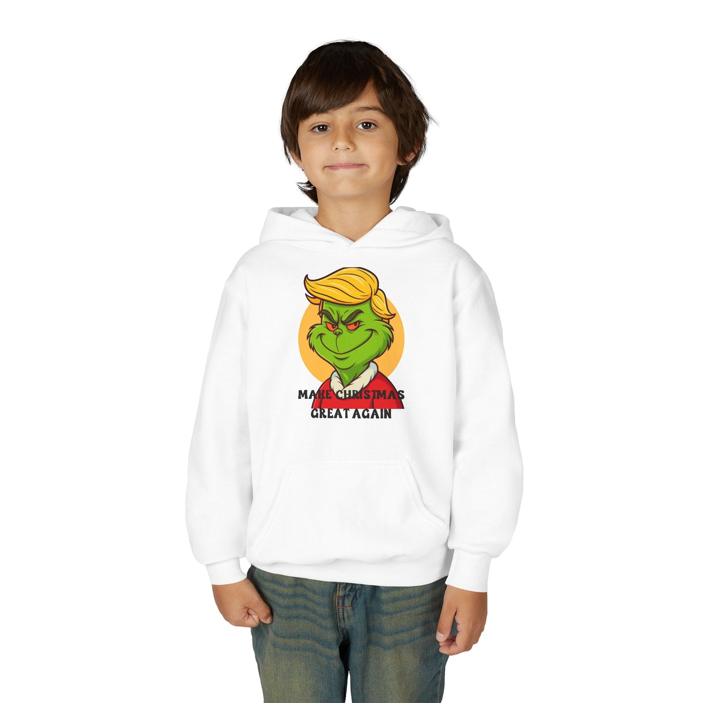 Youth Hoodie — Grinch Face Holiday Sweatshirt with 'Make Christmas Great Again' Text