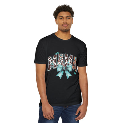 Mama Leopard Print Ribbon T‑Shirt — Teal Bow Mom Shirt