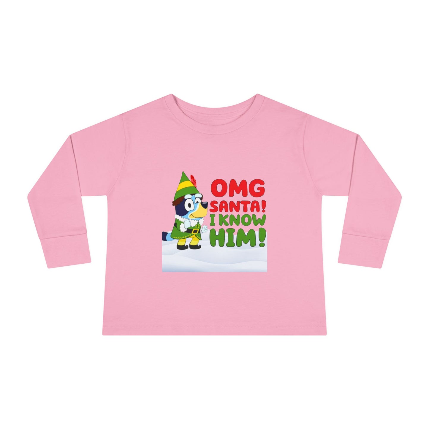 BLUE-Y Toddler Long Sleeve Tee — "OMG Santa! I Know Him!" DOG Christmas Shirt
