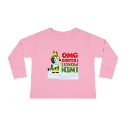 BLUE-Y Toddler Long Sleeve Tee — "OMG Santa! I Know Him!" DOG Christmas Shirt