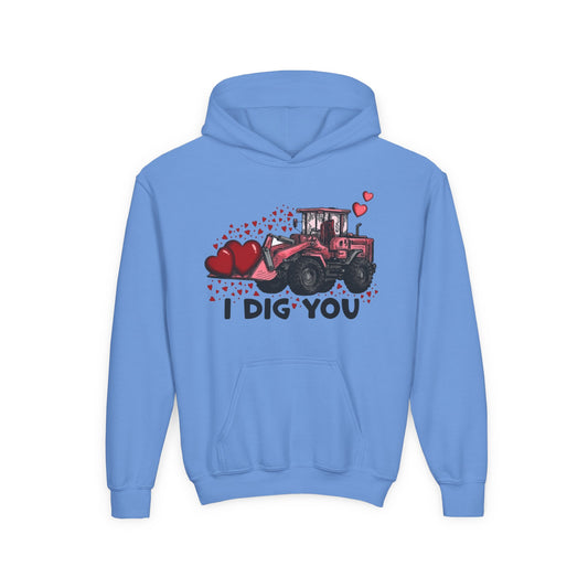Youth Hoodie — 'I Dig You' Valentines Tractor Pullover