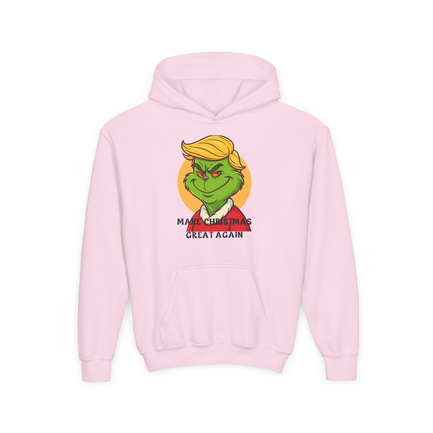 Youth Hoodie — Grinch Face Holiday Sweatshirt with 'Make Christmas Great Again' Text
