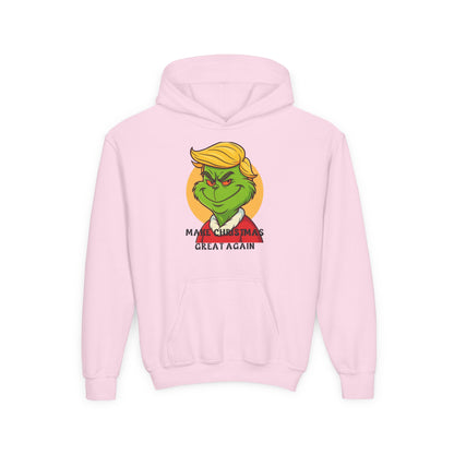 Youth Hoodie — Grinch Face Holiday Sweatshirt with 'Make Christmas Great Again' Text