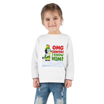 BLUE-Y Toddler Long Sleeve Tee — "OMG Santa! I Know Him!" DOG Christmas Shirt