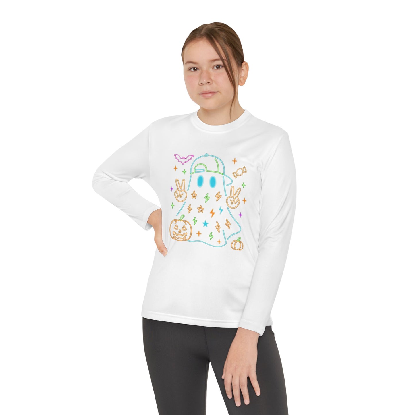 Youth Long Sleeve Ghost Tee, Halloween Shirt, Pumpkin Design, Cute Apparel, Kids' Holiday Wear, Spooky Fun Top