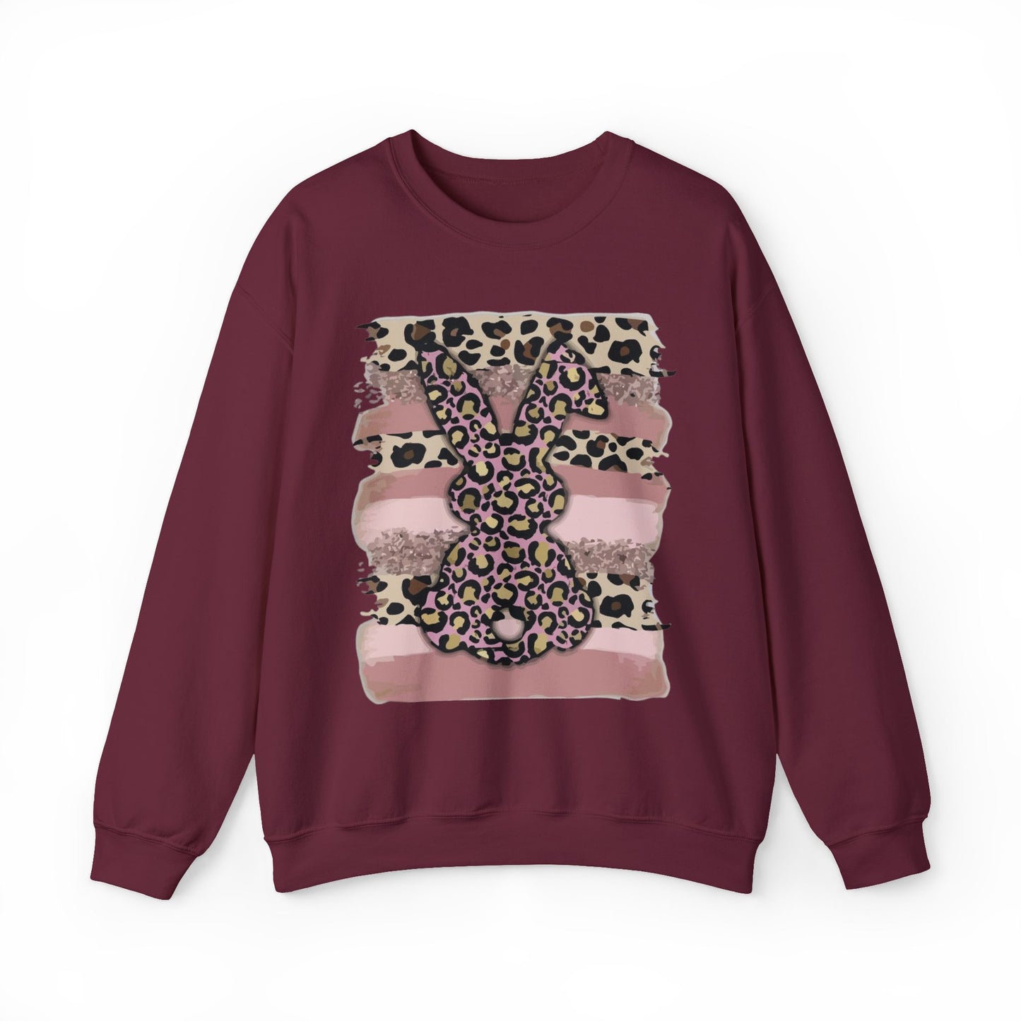 Leopard Print Bunny Crewneck Sweatshirt — Pink Striped Animal Easter Pullover