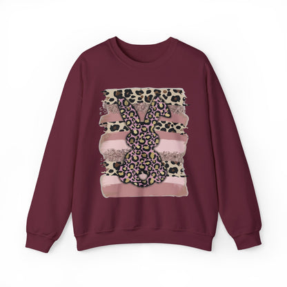 Leopard Print Bunny Crewneck Sweatshirt — Pink Striped Animal Easter Pullover