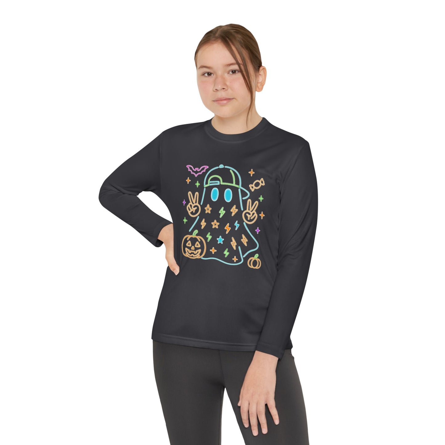Youth Long Sleeve Ghost Tee, Halloween Shirt, Pumpkin Design, Cute Apparel, Kids' Holiday Wear, Spooky Fun Top