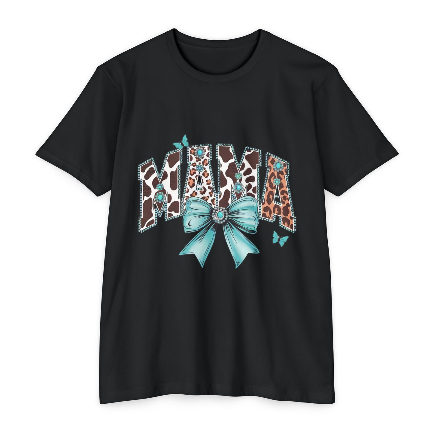 Mama Leopard Print Ribbon T‑Shirt — Teal Bow Mom Shirt