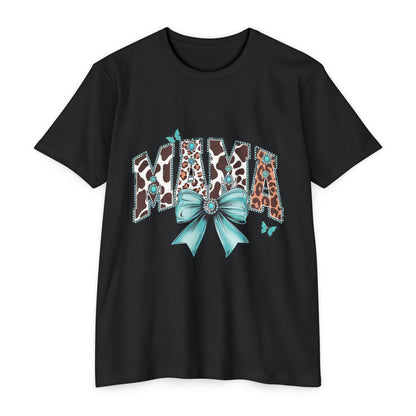 Mama Leopard Print Ribbon T‑Shirt — Teal Bow Mom Shirt