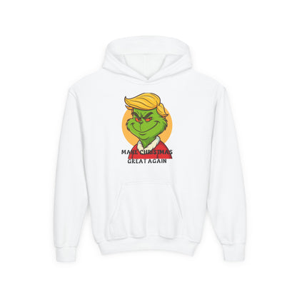 Youth Hoodie — Grinch Face Holiday Sweatshirt with 'Make Christmas Great Again' Text