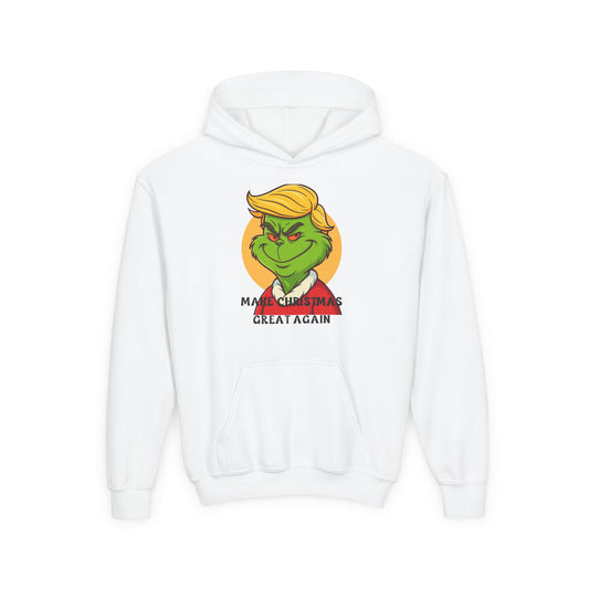 Youth Hoodie — Grinch Face Holiday Sweatshirt with 'Make Christmas Great Again' Text